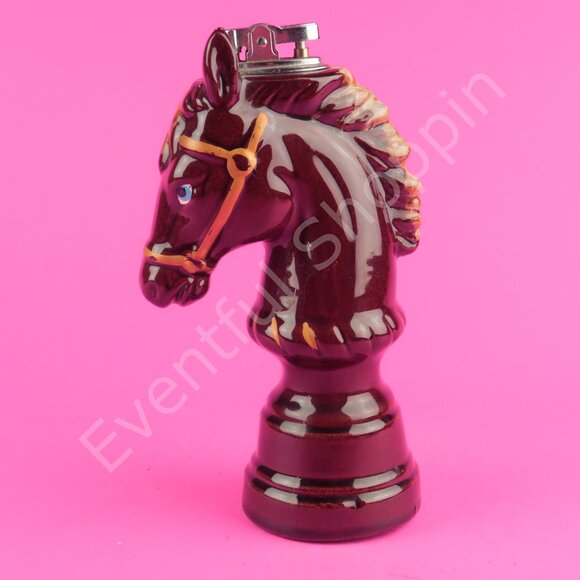 Vintage MCM Ceramic Horse Knight Chess Regency Table Lighter MI Japan in Brown - Picture 5 of 7